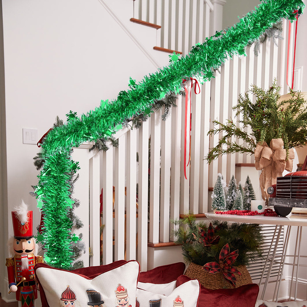 Christmas 2 m Red Green Silver Snowflake Tinsel Garland detail image 11